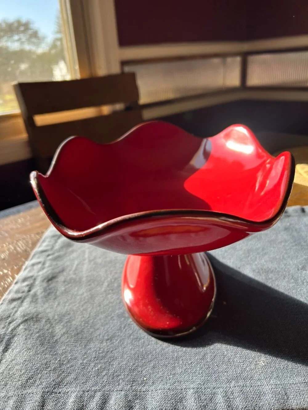 Vintage Red Glass Pedestal compote, Southern Living at Home Cinnabar Oval Com